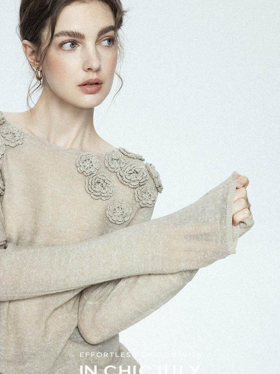 chicjuly Soft Mist Layered Bud Embroidery Women's Wool Linen Long Sleeve T-shirts