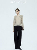 chicjuly Soft Mist Layered Bud Embroidery Women's Wool Linen Long Sleeve T-shirts