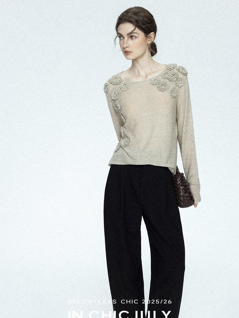 chicjuly Soft Mist Layered Bud Embroidery Women's Wool Linen Long Sleeve T-shirts