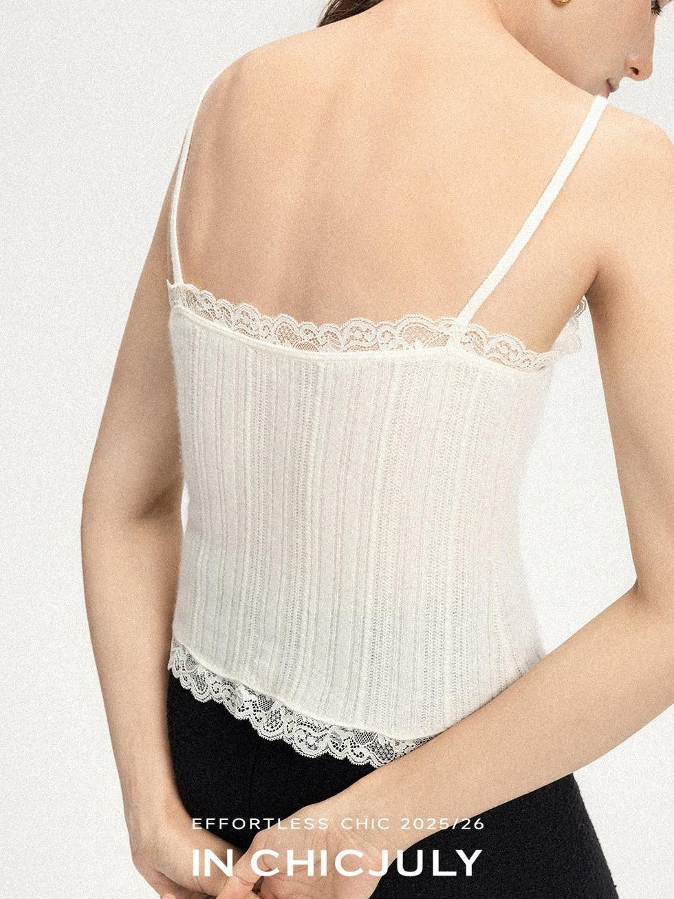 chicjuly Solid Color Lace Patchwork Special Craft Women's Pure Wool Tank Tops