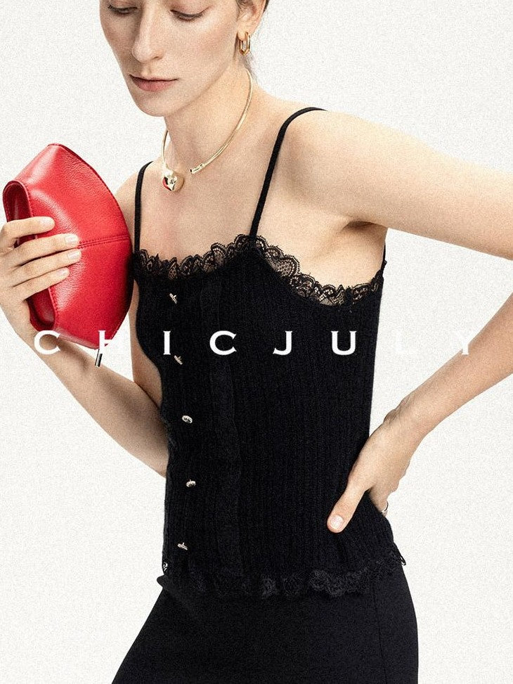 chicjuly Solid Color Lace Patchwork Special Craft Women's Pure Wool Tank Tops