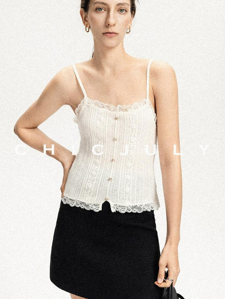 chicjuly Solid Color Lace Patchwork Special Craft Women's Pure Wool Tank Tops