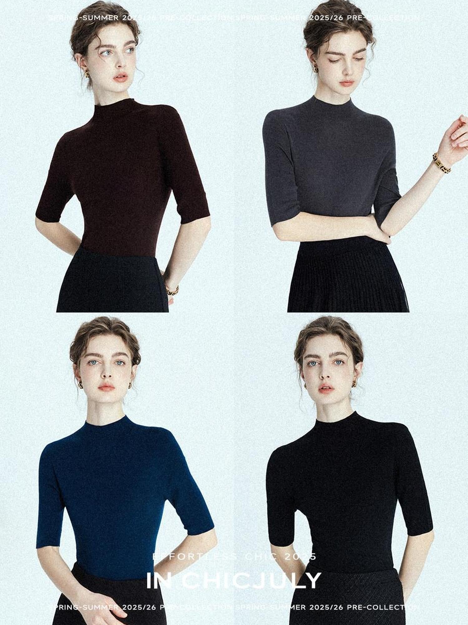 chicjuly Solid Crew Neck Knit Straight Cut Women's Fine Wool Long Sleeve T-shirts