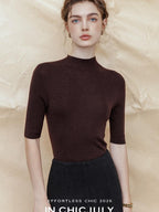 chicjuly Solid Crew Neck Knit Straight Cut Women's Fine Wool Long Sleeve T-shirts
