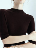 chicjuly Solid Crew Neck Knit Straight Cut Women's Fine Wool Long Sleeve T-shirts