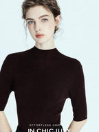 chicjuly Solid Crew Neck Knit Straight Cut Women's Fine Wool Long Sleeve T-shirts