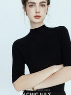 chicjuly Solid Crew Neck Knit Straight Cut Women's Fine Wool Long Sleeve T-shirts