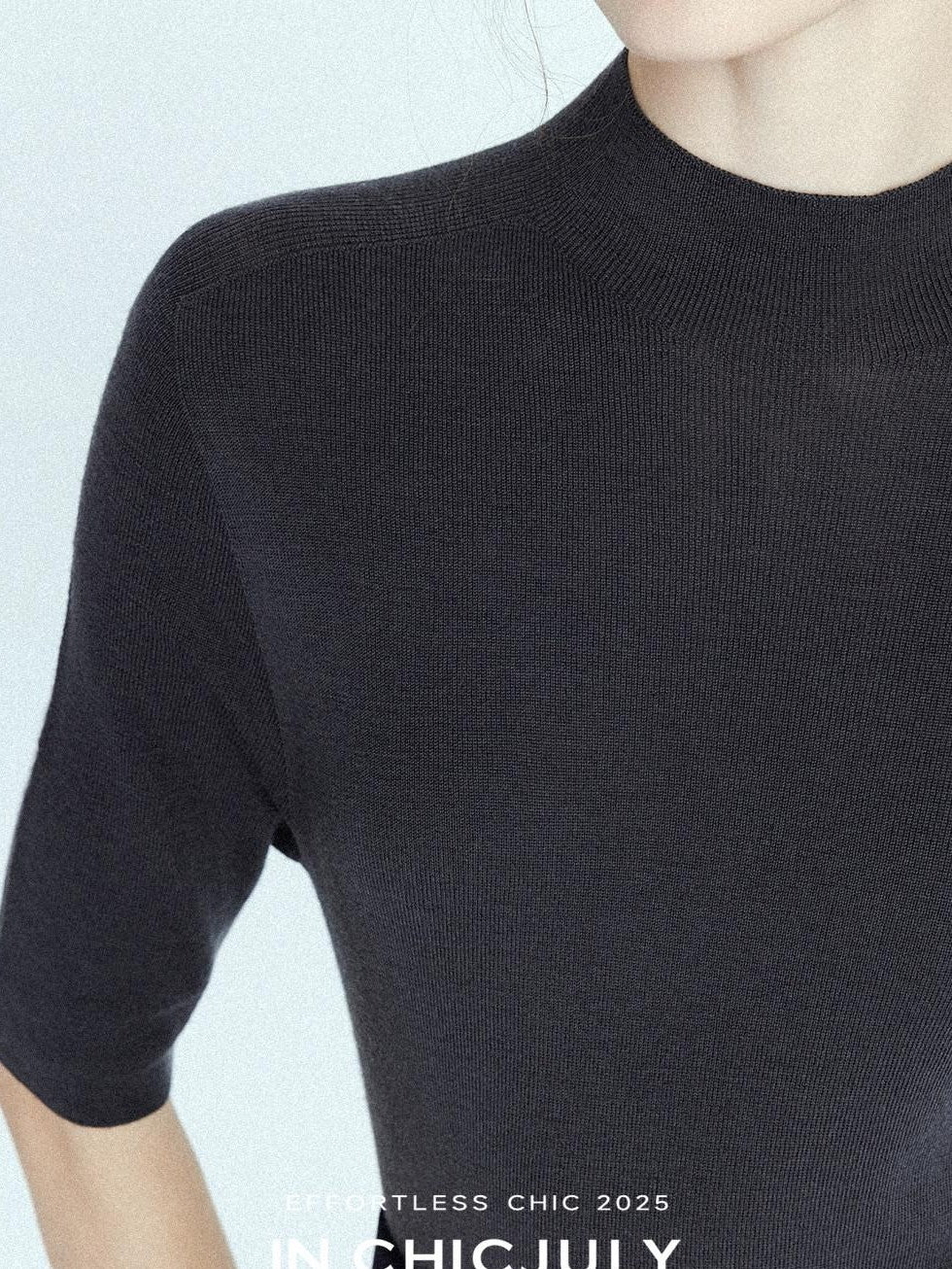 chicjuly Solid Crew Neck Knit Straight Cut Women's Fine Wool Long Sleeve T-shirts