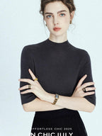 chicjuly Solid Crew Neck Knit Straight Cut Women's Fine Wool Long Sleeve T-shirts