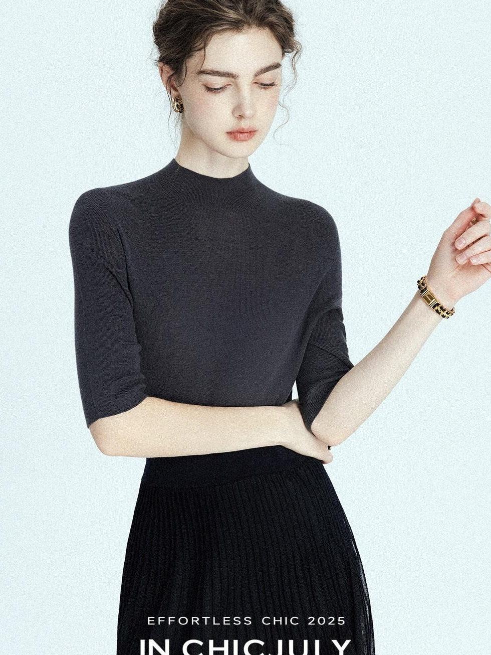 chicjuly Solid Crew Neck Knit Straight Cut Women's Fine Wool Long Sleeve T-shirts