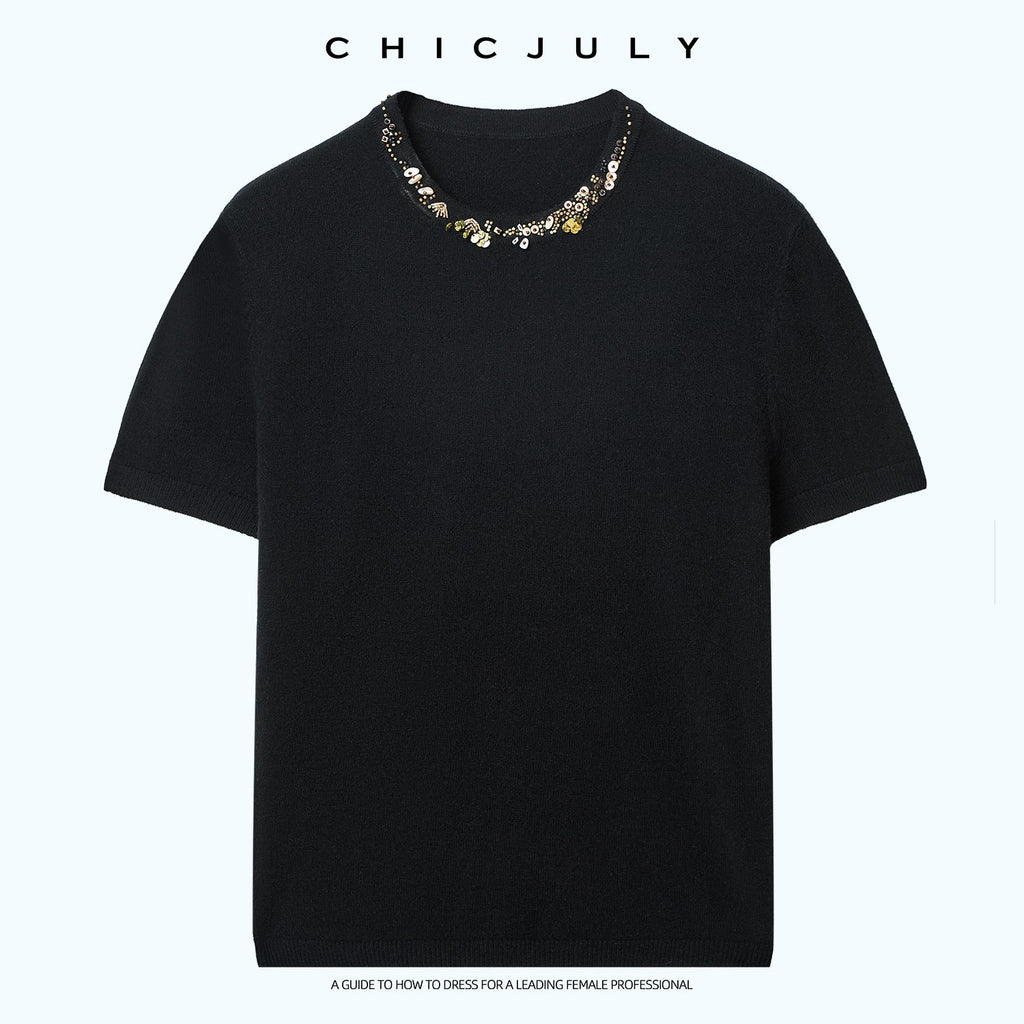 chicjuly Star Crystal Beaded Knitted Round Neck Women's Wool Short Sleeve T-shirts 1046661710803