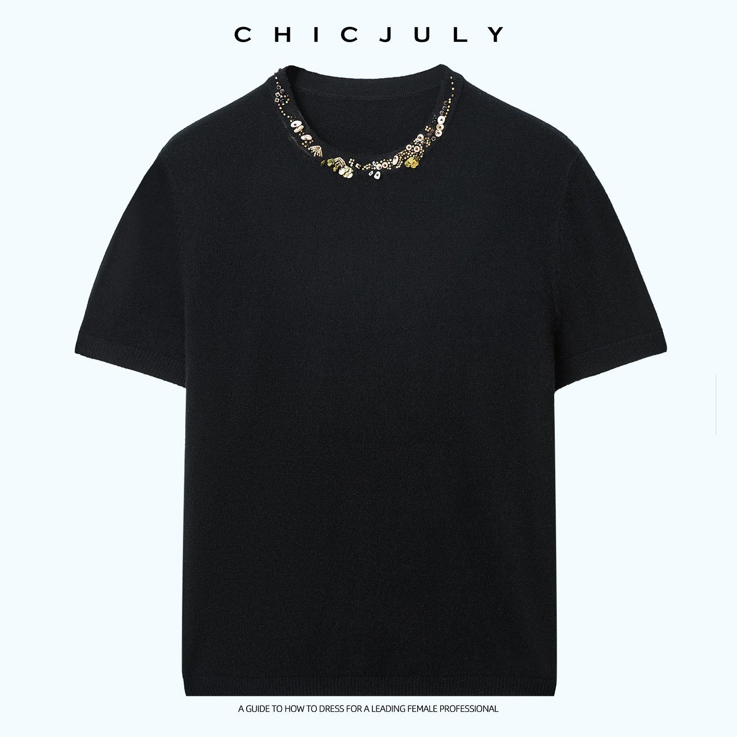 chicjuly Star Crystal Beaded Knitted Round Neck Women's Wool Short Sleeve T-shirts 1046661710803