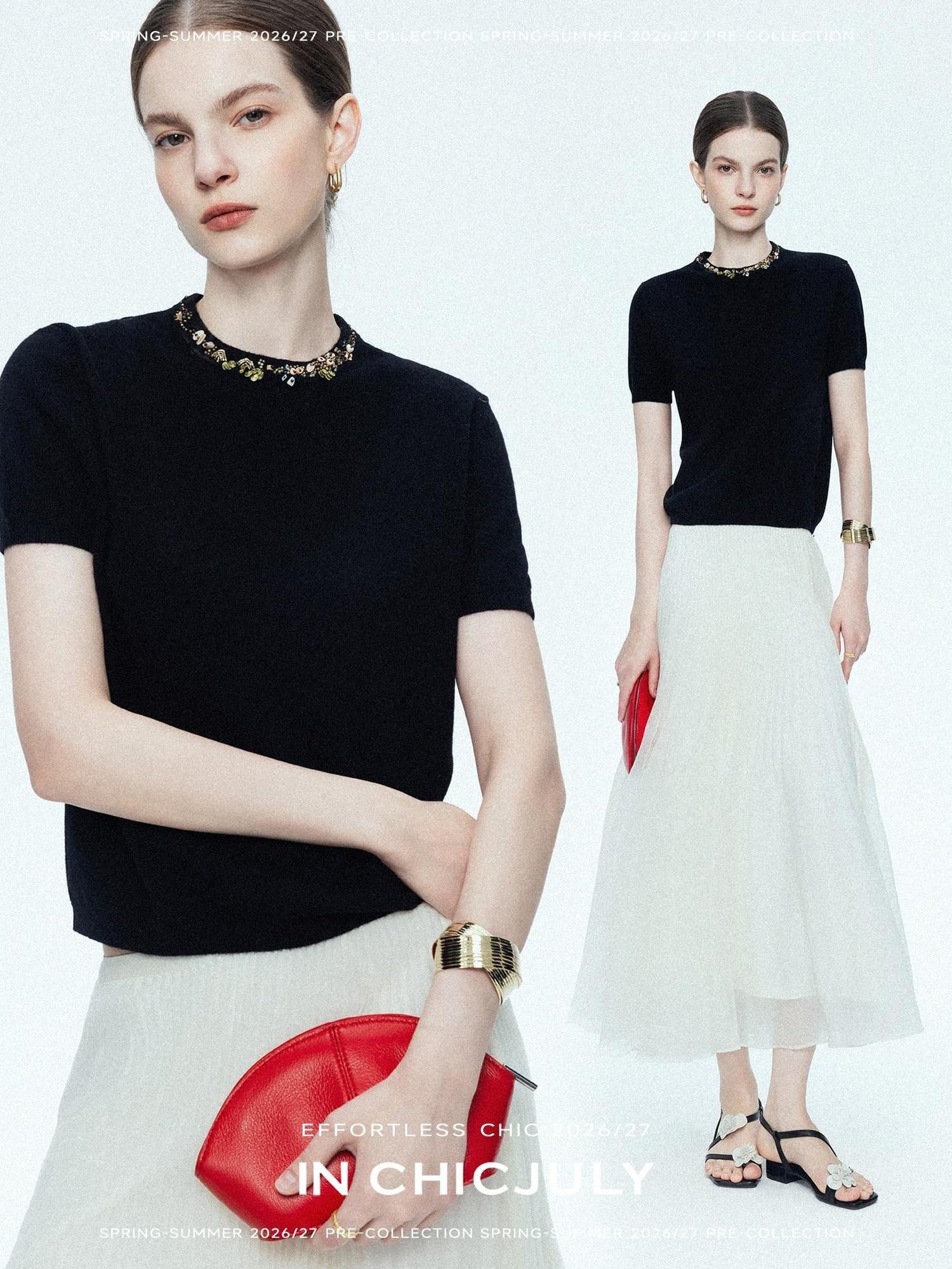 chicjuly Star Crystal Beaded Knitted Round Neck Women's Wool Short Sleeve T-shirts