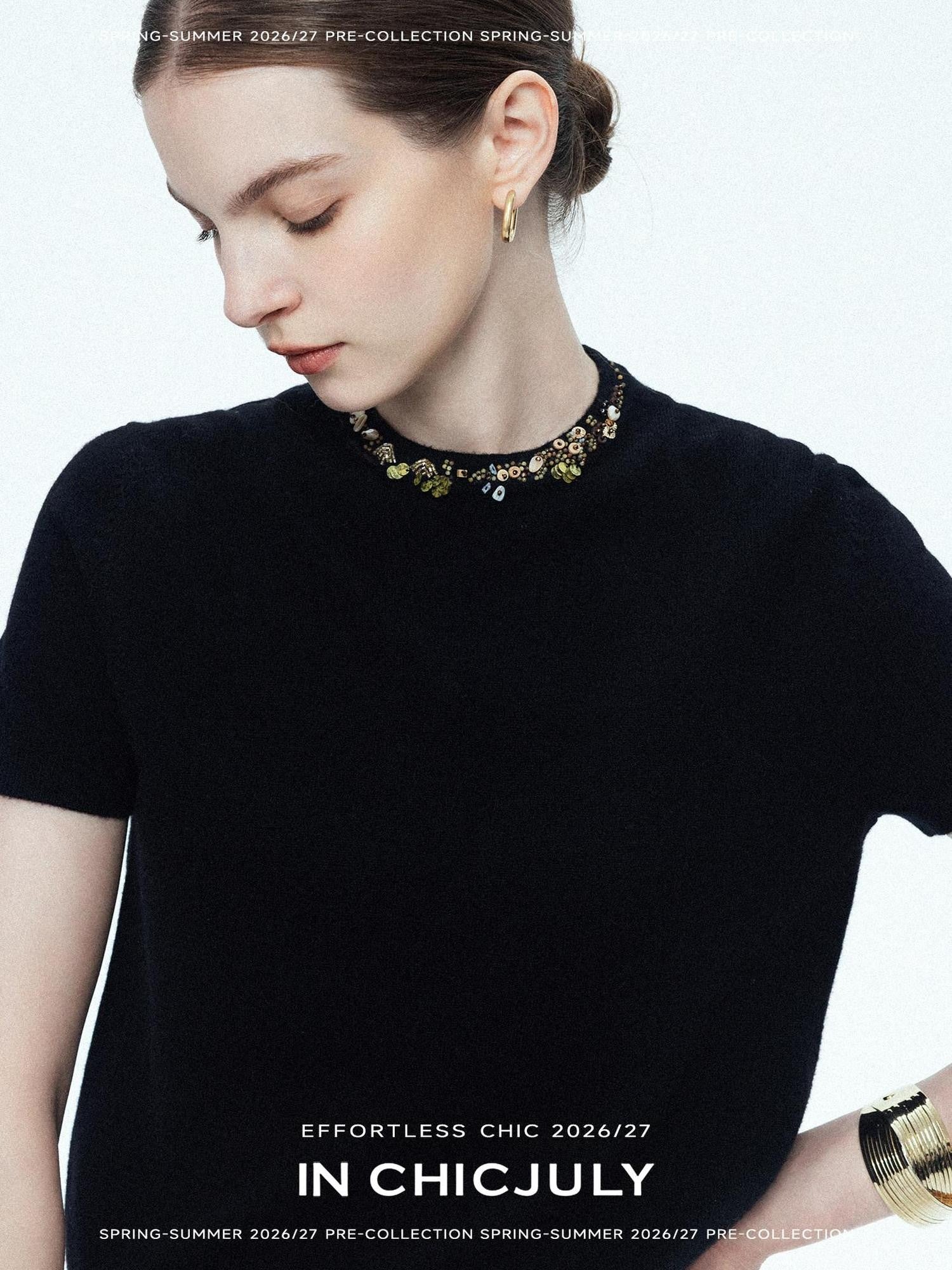 chicjuly Star Crystal Beaded Knitted Round Neck Women's Wool Short Sleeve T-shirts