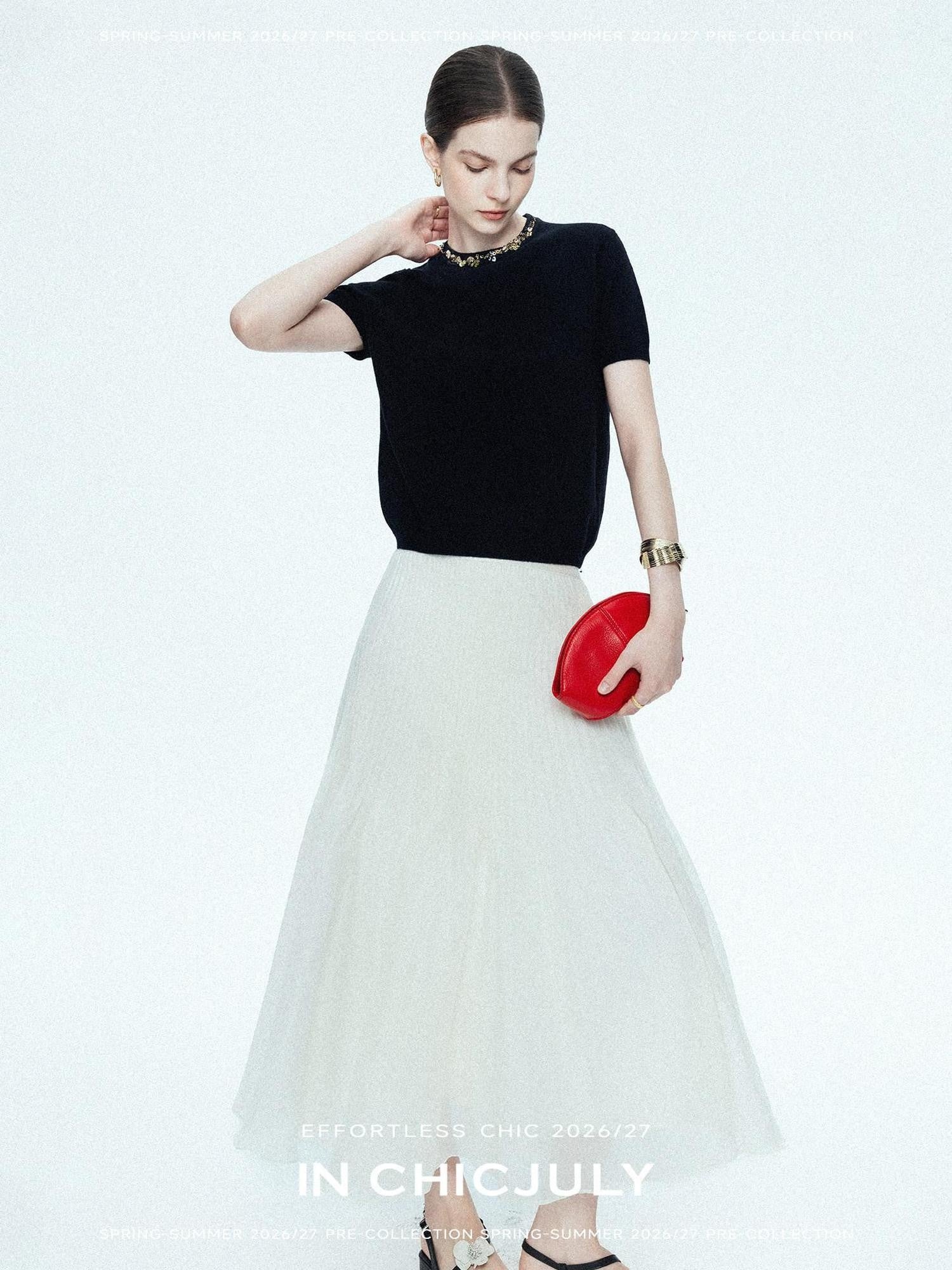 chicjuly Star Crystal Beaded Knitted Round Neck Women's Wool Short Sleeve T-shirts