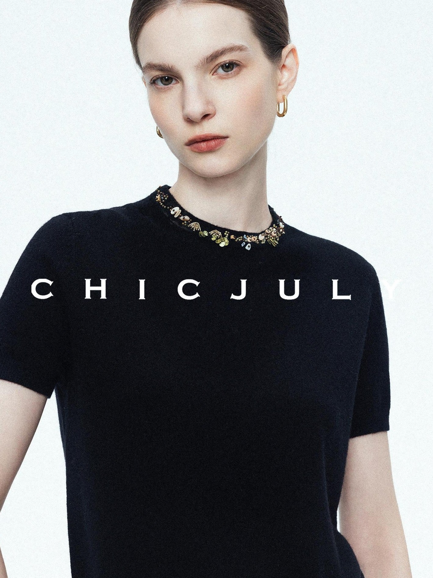 chicjuly Star Crystal Beaded Knitted Round Neck Women's Wool Short Sleeve T-shirts