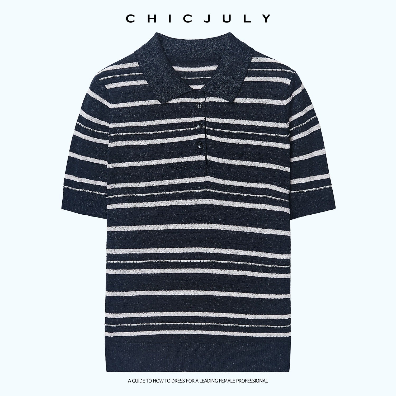 chicjuly Star Shimmer Lace Texture Striped Polo Women's Blended Short Sleeve T-shirts 1043887712141