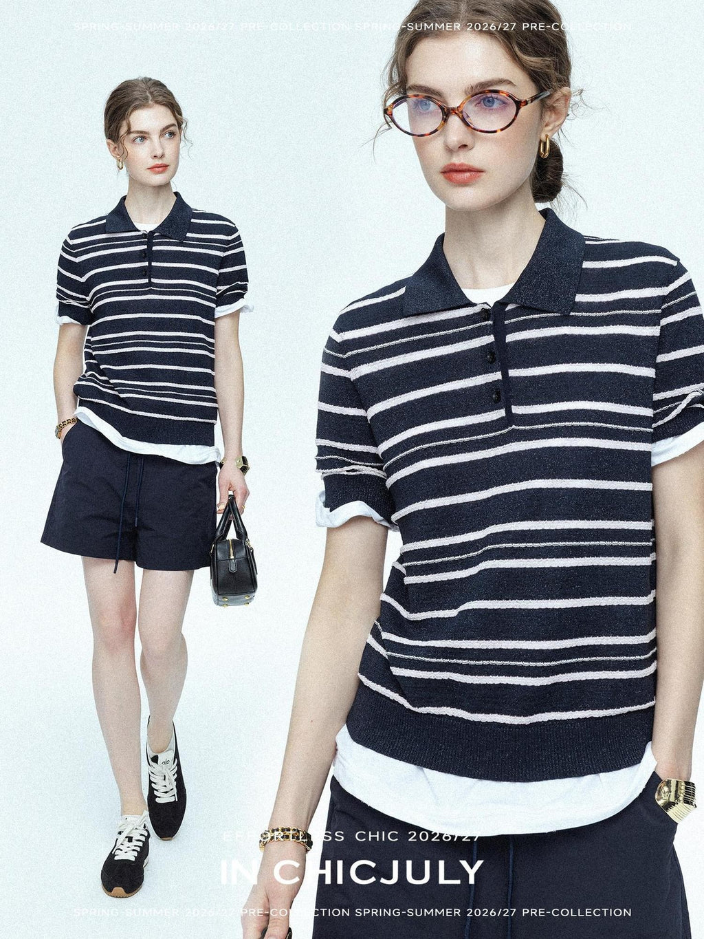 chicjuly Star Shimmer Lace Texture Striped Polo Women's Blended Short Sleeve T-shirts