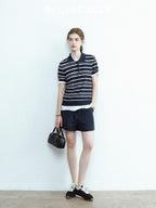 chicjuly Star Shimmer Lace Texture Striped Polo Women's Blended Short Sleeve T-shirts