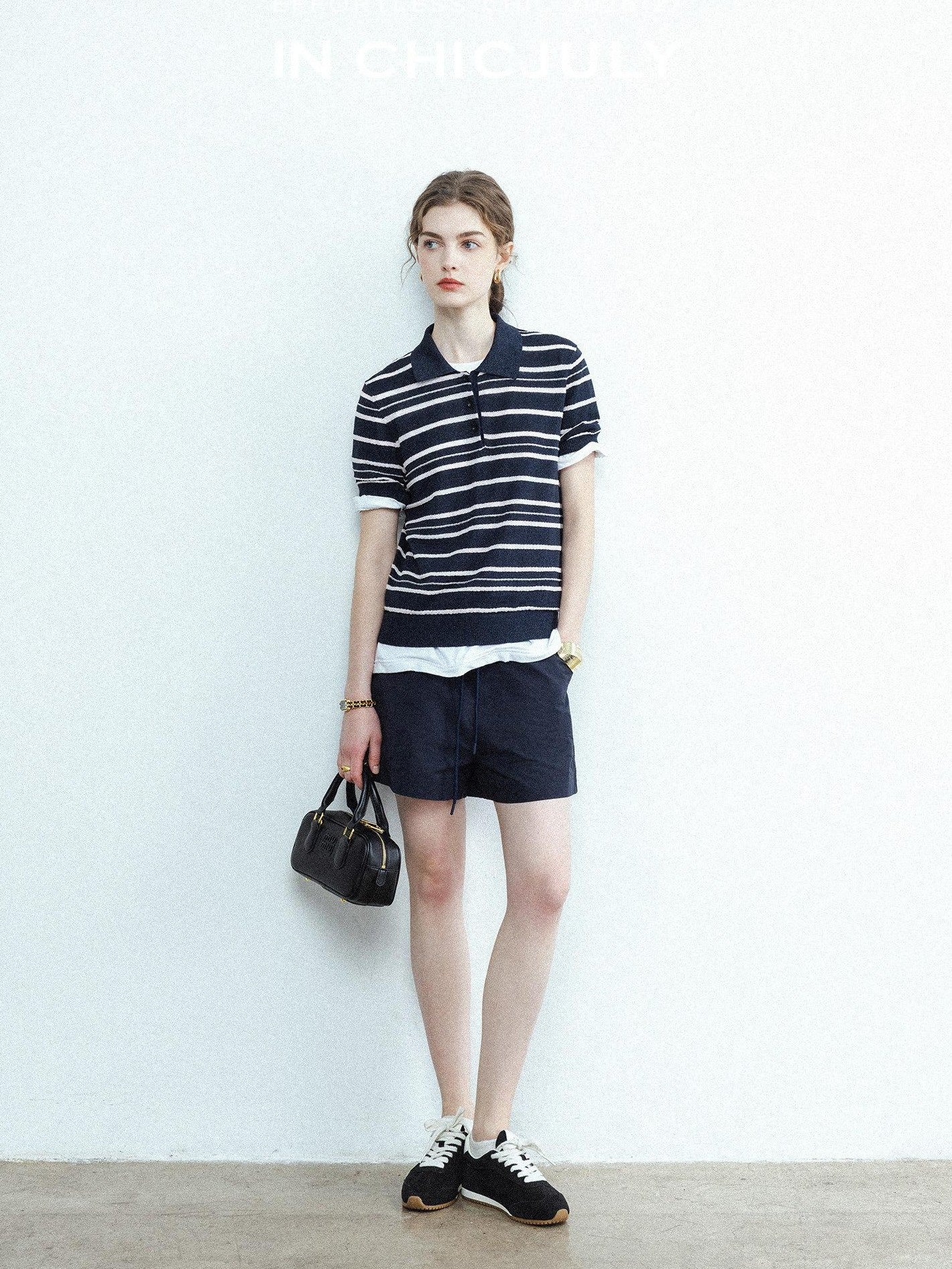 chicjuly Star Shimmer Lace Texture Striped Polo Women's Blended Short Sleeve T-shirts
