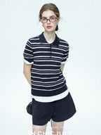 chicjuly Star Shimmer Lace Texture Striped Polo Women's Blended Short Sleeve T-shirts