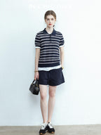 chicjuly Star Shimmer Lace Texture Striped Polo Women's Blended Short Sleeve T-shirts