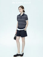 chicjuly Star Shimmer Lace Texture Striped Polo Women's Blended Short Sleeve T-shirts