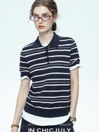 chicjuly Star Shimmer Lace Texture Striped Polo Women's Blended Short Sleeve T-shirts