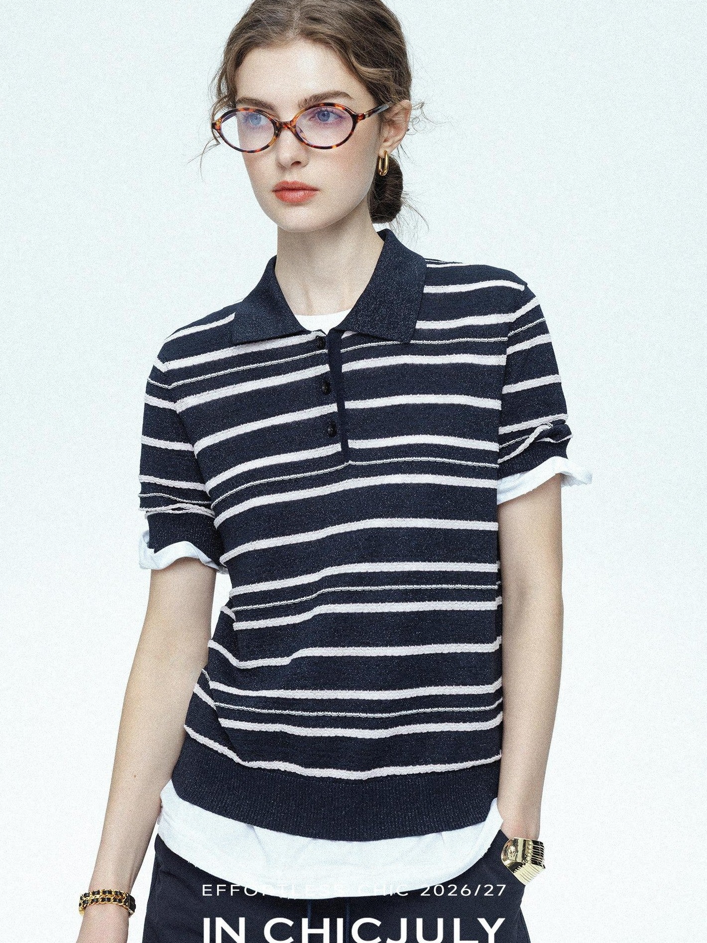 chicjuly Star Shimmer Lace Texture Striped Polo Women's Blended Short Sleeve T-shirts
