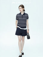 chicjuly Star Shimmer Lace Texture Striped Polo Women's Blended Short Sleeve T-shirts