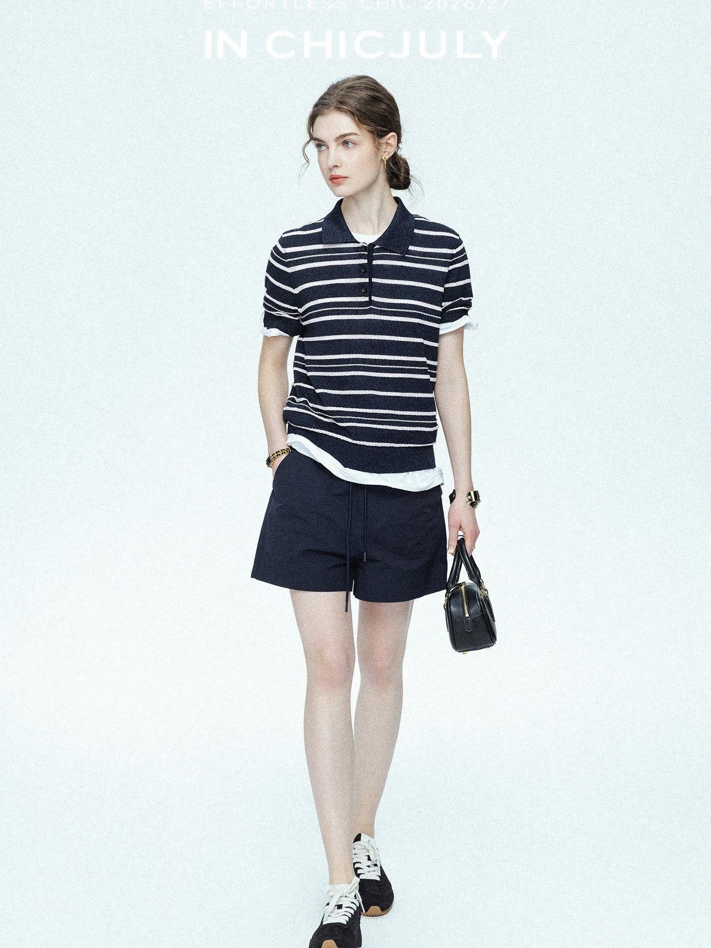 chicjuly Star Shimmer Lace Texture Striped Polo Women's Blended Short Sleeve T-shirts
