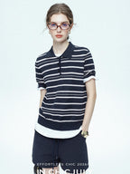 chicjuly Star Shimmer Lace Texture Striped Polo Women's Blended Short Sleeve T-shirts