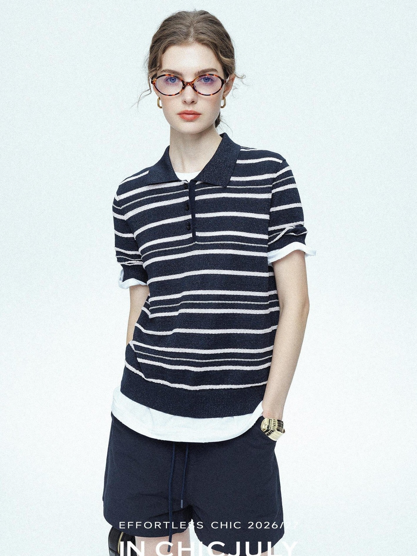 chicjuly Star Shimmer Lace Texture Striped Polo Women's Blended Short Sleeve T-shirts