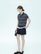 chicjuly Star Shimmer Lace Texture Striped Polo Women's Blended Short Sleeve T-shirts