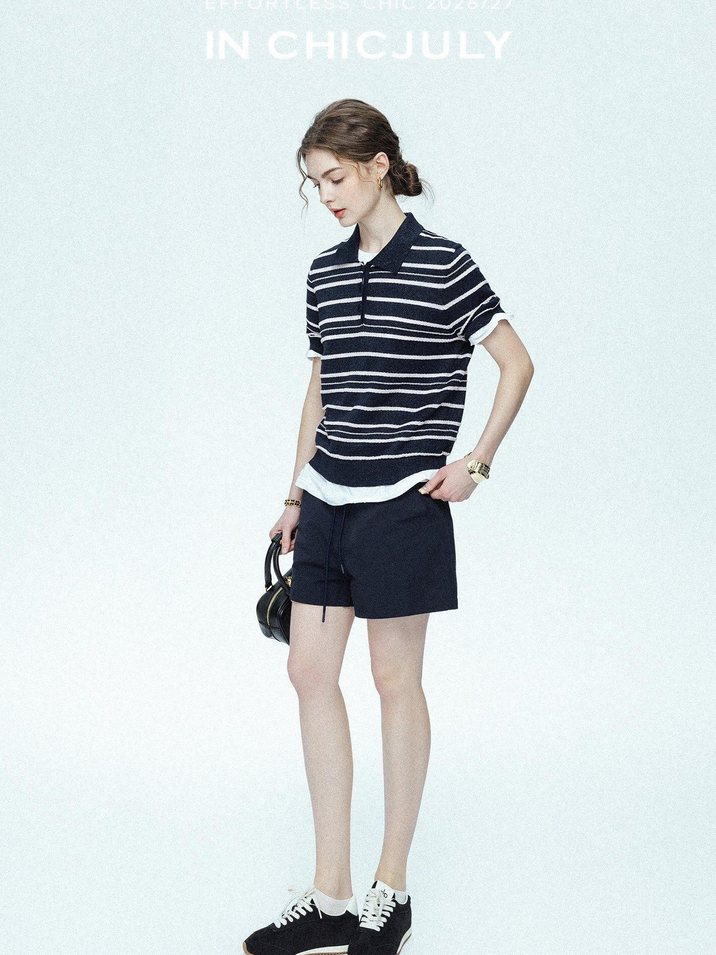 chicjuly Star Shimmer Lace Texture Striped Polo Women's Blended Short Sleeve T-shirts