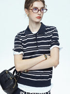 chicjuly Star Shimmer Lace Texture Striped Polo Women's Blended Short Sleeve T-shirts