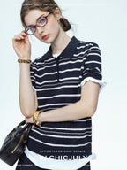 chicjuly Star Shimmer Lace Texture Striped Polo Women's Blended Short Sleeve T-shirts