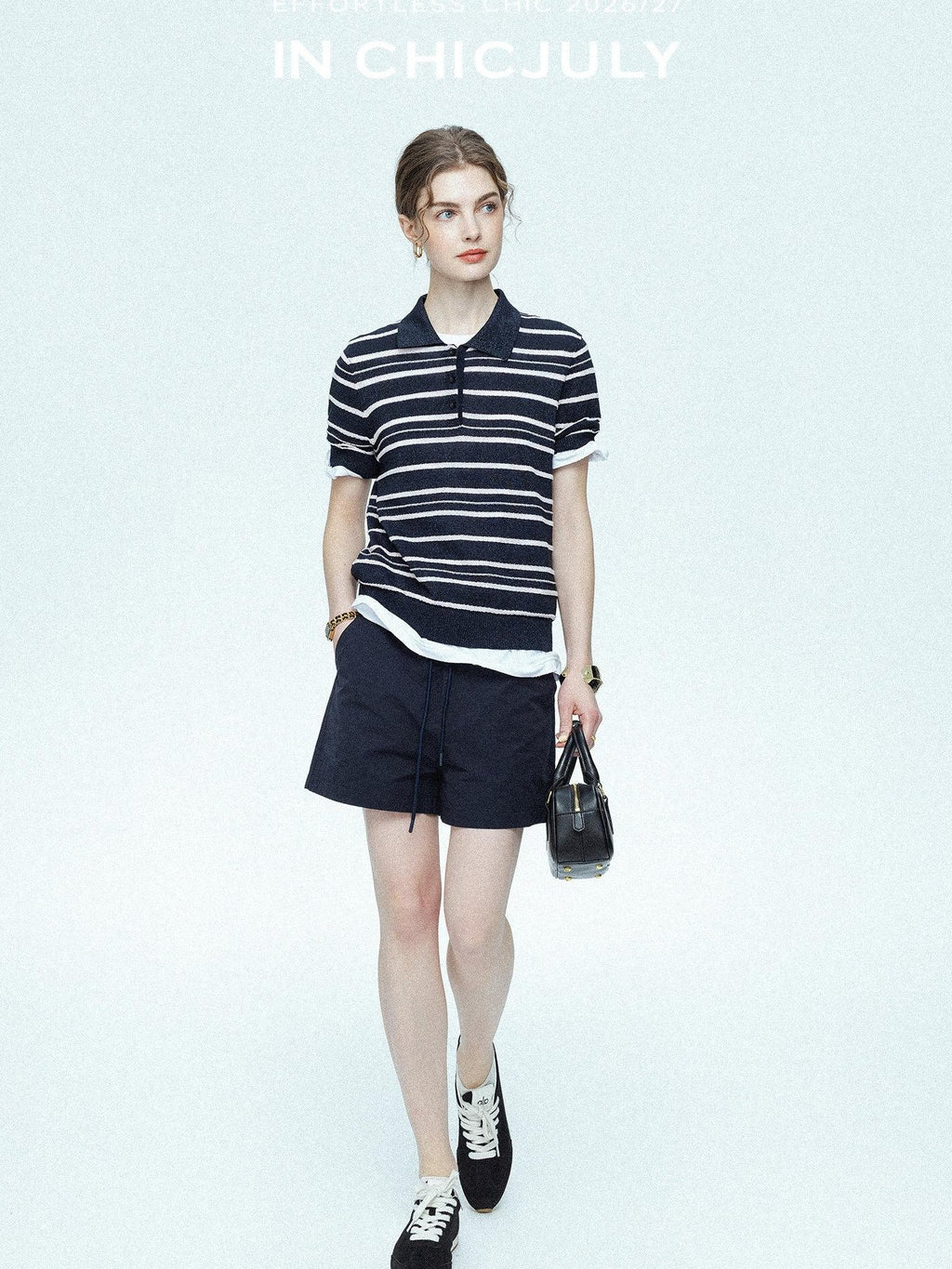 chicjuly Star Shimmer Lace Texture Striped Polo Women's Blended Short Sleeve T-shirts