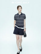 chicjuly Star Shimmer Lace Texture Striped Polo Women's Blended Short Sleeve T-shirts