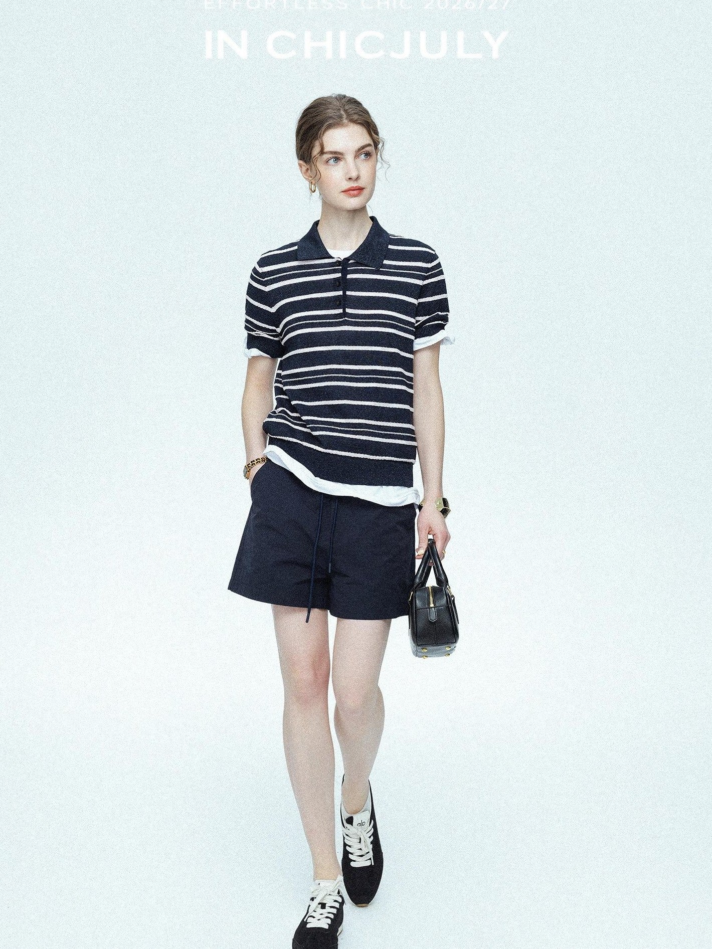 chicjuly Star Shimmer Lace Texture Striped Polo Women's Blended Short Sleeve T-shirts