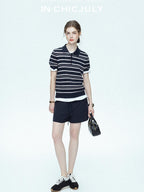 chicjuly Star Shimmer Lace Texture Striped Polo Women's Blended Short Sleeve T-shirts