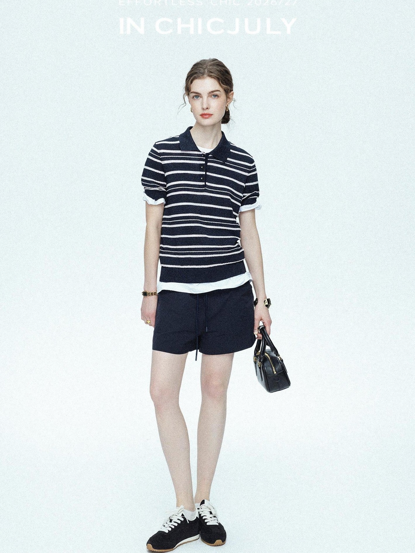 chicjuly Star Shimmer Lace Texture Striped Polo Women's Blended Short Sleeve T-shirts