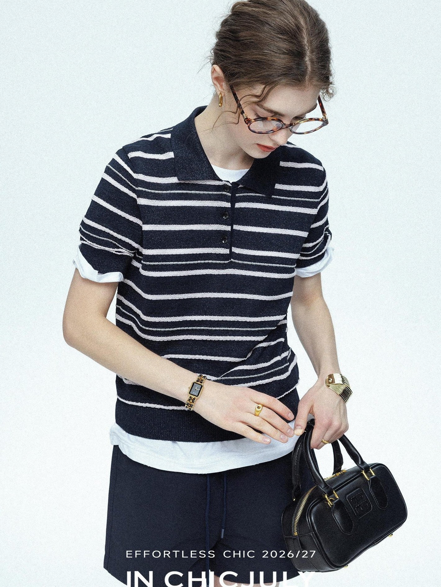 chicjuly Star Shimmer Lace Texture Striped Polo Women's Blended Short Sleeve T-shirts