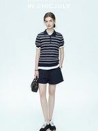 chicjuly Star Shimmer Lace Texture Striped Polo Women's Blended Short Sleeve T-shirts