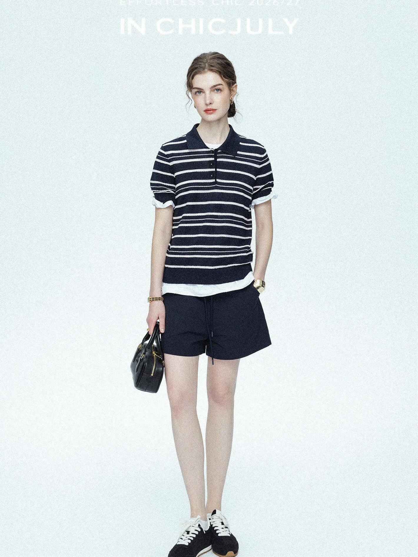 chicjuly Star Shimmer Lace Texture Striped Polo Women's Blended Short Sleeve T-shirts