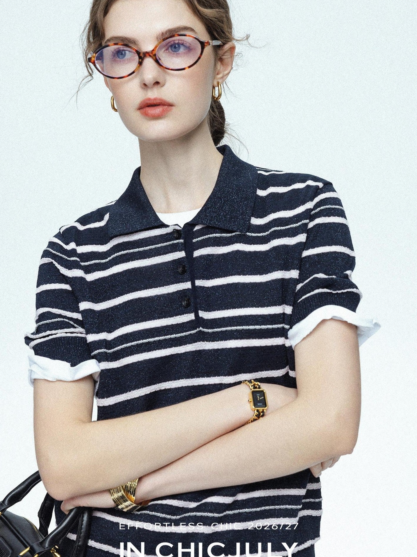 chicjuly Star Shimmer Lace Texture Striped Polo Women's Blended Short Sleeve T-shirts