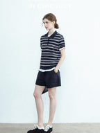 chicjuly Star Shimmer Lace Texture Striped Polo Women's Blended Short Sleeve T-shirts
