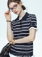 chicjuly Star Shimmer Lace Texture Striped Polo Women's Blended Short Sleeve T-shirts