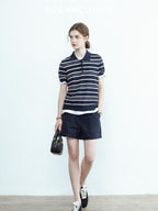 chicjuly Star Shimmer Lace Texture Striped Polo Women's Blended Short Sleeve T-shirts