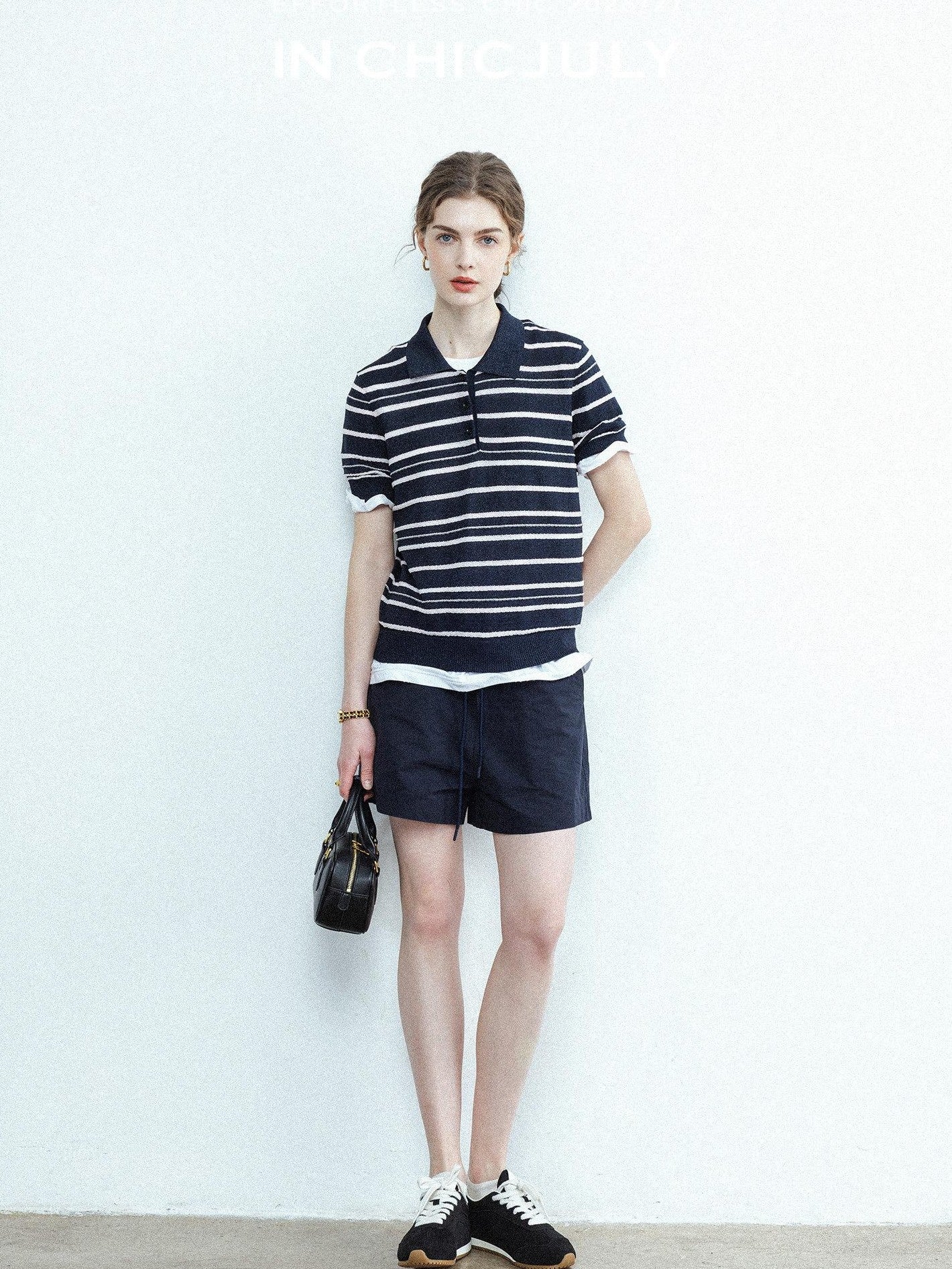 chicjuly Star Shimmer Lace Texture Striped Polo Women's Blended Short Sleeve T-shirts